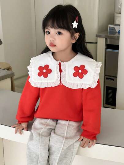 SHEIN Young Girls' Casual Floral Embroidery Colorblock Oversized Pullover Sweatshirt