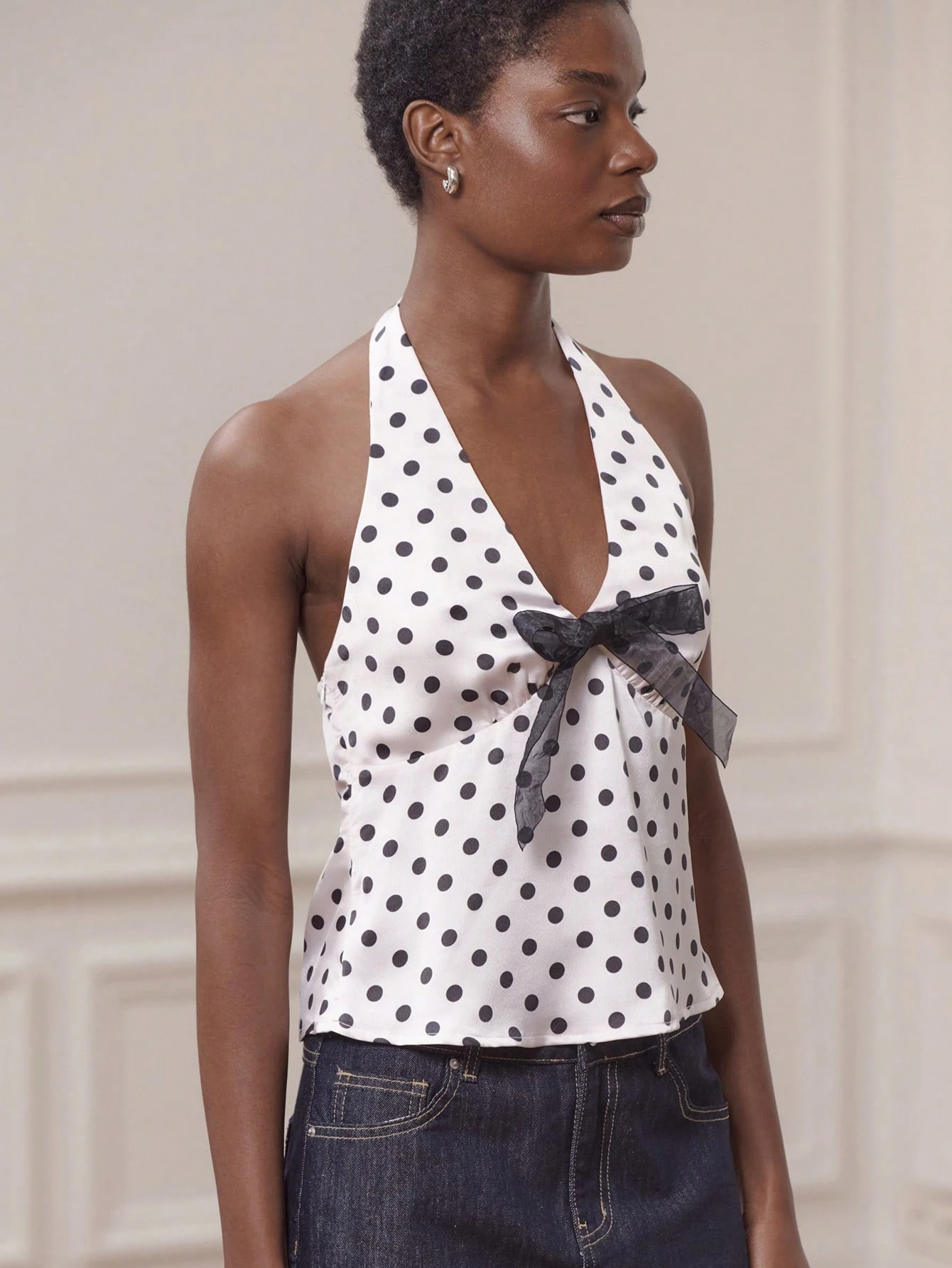 Top halter de satén rosa claro con lunares negros y gran detalle de lazo, elegante top de estilo vintage para fiestas, otoño, invierno y vacaciones, top elegante de estilo francés