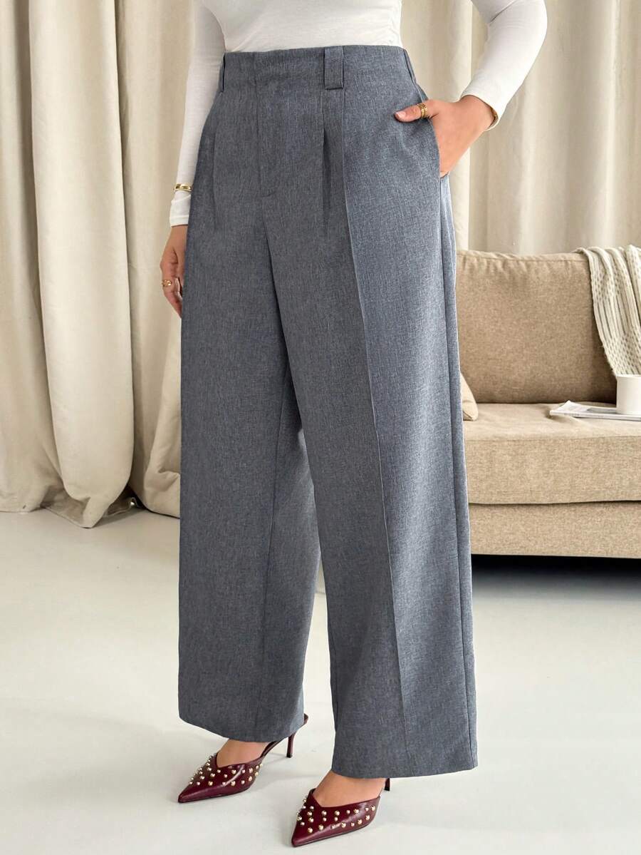 Vionelle Plus Size Women Elegant Plain Grey Floral Print Wide Leg Pants High Waist Office Everyday Autumn Pants,Oversized Tall Loose Pants - Dark Grey - View 1