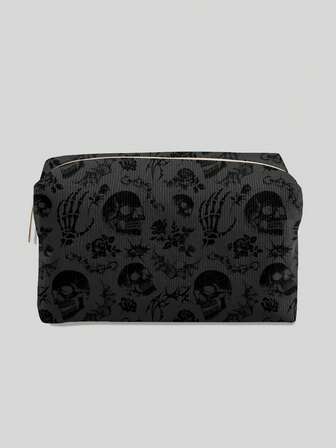 Goth Letter And Cartoon Pattern Quilted Makeup Bag, Portable Makeup Storage Bag With Zipper, Multifunctional Storage Bag, Lightweight Travel Bag, Suitable For Men And Women
