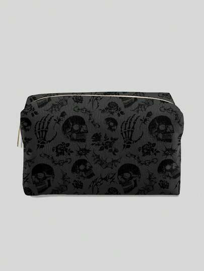 Goth Letter And Cartoon Pattern Quilted Makeup Bag, Portable Makeup Storage Bag With Zipper, Multifunctional Storage Bag, Lightweight Travel Bag, Suitable For Men And Women