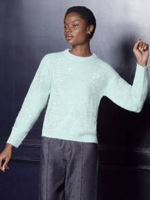 lacRébo Mint Jumper With Sparkling Decoration, Diamond Glitters, Crew Relax Shape New Year Party - Green - View 3