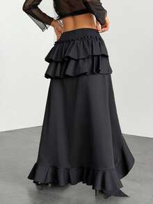 SHEIN PETITE 不对称下摆荷叶边高低摆半身裙，超低腰 - 黑色 - 查看 2