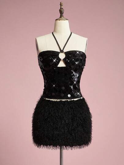 ROMWE Avant توب نسائي مطابق مزين بترتر لامع على الرقبة الحلقية بطراز Y2K الجذاب للنوادي