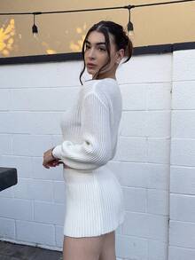 Andrea Bello White Lantern Sleeve Button Front Rib Knit Cardigan,Off The Shoulder Sweater In Fall/Winter - White - View 3