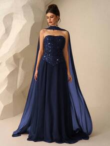 Coutiva Váy dài tay đính sequin thanh lịch, váy dạ hội cao cấp cho tiệc tối - Màu xanh hải quân - Xem 6