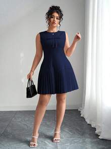 Elenzga Plus Size Crew Neck Slimming Princess Seam Heavy Pleated Linen-Feel Elegant French Blogger Vacation Sleeveless Low Waist Pink Dress, Spring/Summer - Navy Blue - View 6