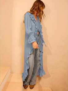Aralina Vestido largo de cárdigan bohemio con volantes en la parte delantera y manga larga para invierno - Neblina azul - Ver 6