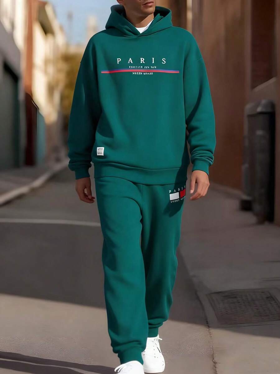 SHEIN Conjunto de sudadera con capucha y pantalones de chándal para adolescentes, estilo escolar casual, cómodo y de moda, versátil, tela suave, adecuado para uso diario, escuela, salidas, deportes al aire libre, otoño/invierno, vuelta al colegio, adecuado para vacaciones - Verde Oscuro - Ver 1