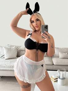 Fantasy Costume 4件套加大码性感兔女郎服装套装：撞色系带蝴蝶结装饰上衣+丁字裤+围裙+头带 - 黑與白 - 查看 3