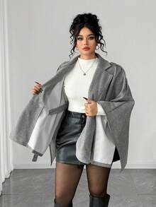 Elenzga Plus Size Asymmetrical Hem Double-Breasted Waist Woolen Coat - Grey - View 8