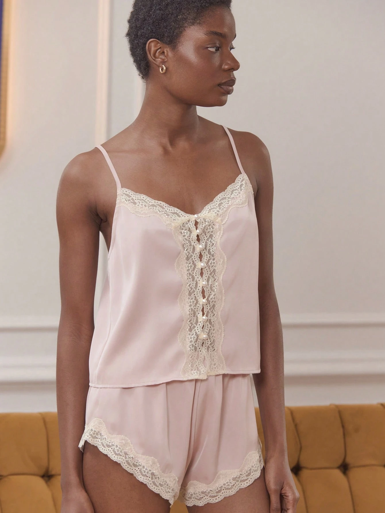 Pink Satin Sleepwear Set With Lace-Trim Cami And Scalloped Shorts Spring Summer Pajama Set Pink Sleepwear Spring