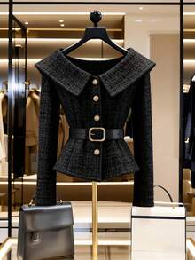 SHEIN Franclia 两件套，单肩领，修身剪裁；不对称侧开衩，金属扣装饰，秋冬款 - 黑色 - 查看 4