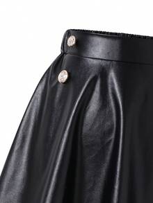 Sparklyn 女童黑色仿皮高腰A字中长裙：复古赫本风格，伞状开衩设计，镶嵌水钻纽扣，松紧腰带，适合休闲和正式场合，舒适的PU面料，是秋冬季的完美之选。 - 黑色 - 查看 5