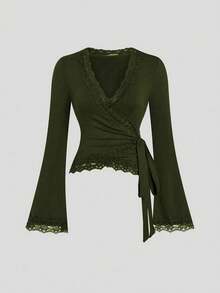 Women's V-Neck Criss-Cross Lace Trim T-Shirt Top, Early Autumn - Army Green - View 1