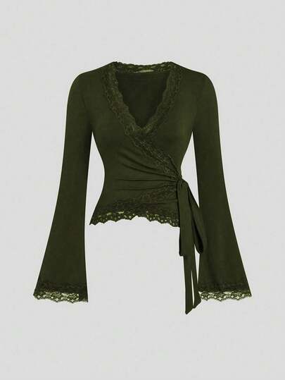 Sweetra Women's V-Neck Criss-Cross Lace Trim T-Shirt Top, Early Autumn