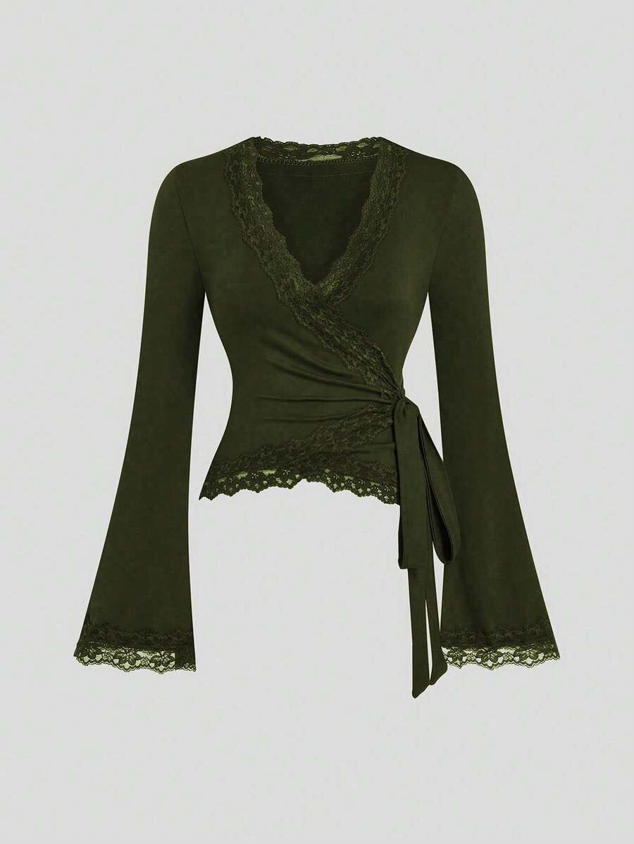 Women's V-Neck Criss-Cross Lace Trim T-Shirt Top, Early Autumn - Army Green - View 1