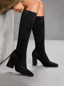 CUCCOO SZL 黑色麂皮粗跟过膝长靴，修饰腿型，拉长腿部线条 - 黑色 - 查看 5