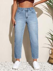 Breezaya 大码女式高腰带口袋锥形休闲百搭牛仔裤 - 藍色 - 查看 5