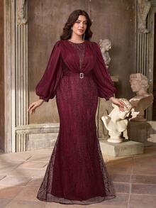 Aureia Plus Size Formal Elegant Evening Burgundy Spring Sequin Embroidered Satin Lantern Sleeve Waist Belt Mermaid Hem Trailing Gown For Party,Prom,Wedding - Burgundy - View 6
