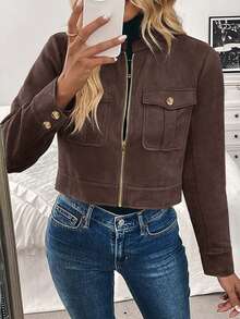 SHEIN LUNE Chaqueta militar verde corta con bolsillos grandes y botones de metal para mujer, para otoño/invierno - Marrón - Ver 3