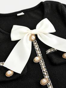 SHEIN Serisse Kids 少女优雅缎带拼接蝴蝶结装饰长袖长款连衣裙，冬季连衣裙，圣诞连衣裙，优雅连衣裙 - 黑色 - 查看 8