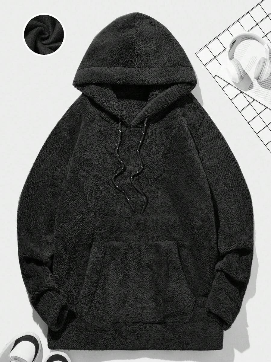 EURMUSE Men's Casual Everyday Commute Street Simple Solid Color Fleece Warm Kangaroo Pocket Drawstring Hoodie, Autumn/Winter - Dark Grey - View 1