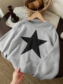 Tween Girl Star Pattern Round Neck Drop Shoulder Sweater, Sibling - Grey - View 4