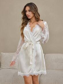 Women's Contrast Lace Long Sleeve Belted Elegant Lounge Robe, Fall & Winter - White - View 5