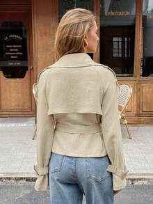 Serisse Women's Brown Autumn Parisian Chic Daytime Double-Breasted Belted Short Trench Coat,Elegant Lapel Collar Casual Solid Color Commute Spring Jacket - Apricot - View 3