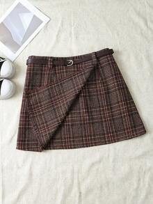 Franclia Plus Size Women Asymmetric Wrap Waist Band Short Skirt, Suitable For Commuting, Autumn/Winter Brown Skirts Skirts With Belt Plaid Skirts Checkered Skirt Women Skirts - Burgundy - View 4