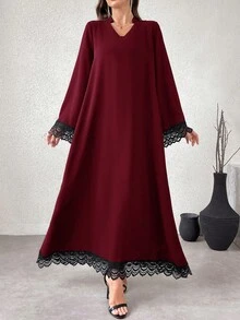 Al Najma 女士优雅派对撞色蕾丝边阿拉伯风格连衣裙 - 酒紅色 - 查看 5