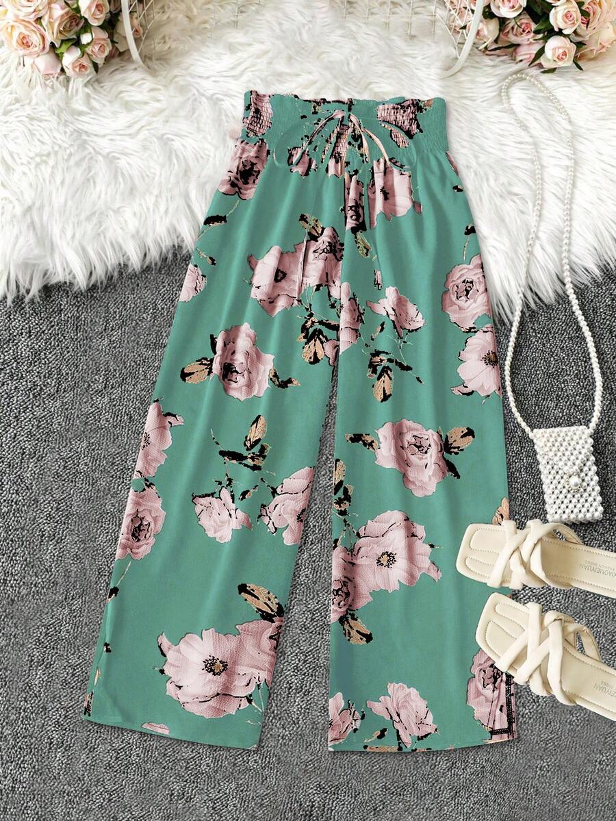 SHEIN PETITE Pantaloni de damă cu imprimeu floral și șnur talie înaltă, mărime standard