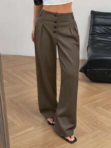 Flirla Women's Casual Versatile Solid Color Straight Leg Pants - Brown - View 7