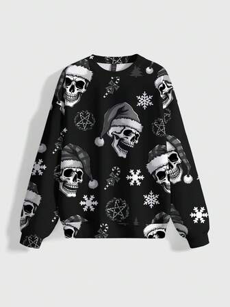 Goth Sudadera de cuello redondo de manga larga con estampado de calavera, luna y estrella de copos de nieve de estilo gótico oscuro de Navidad, adecuada para otoño, invierno y primavera