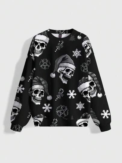 Dark Christmas Holiday Snowflake Moon & Star Gothic Horror Skull Print Cute Crew Neck Long Sleeve Women Sweatshirt, Suitable For Autumn, Winter, Spring