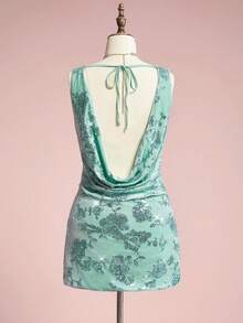 ROMWE EDITION 大量串珠亮片露背垂坠领口设计天鹅绒派对礼服，宝石蓝