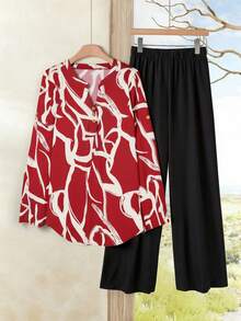 Rusticease 女式度假休闲全印花衬衫和纯色裤子两件套 - 紅色 - 查看 3