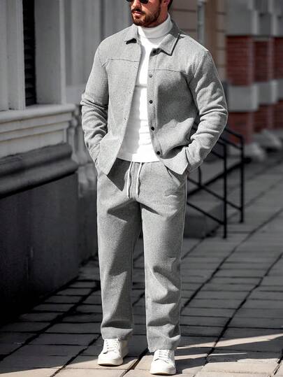 Manfinity Homme 浅灰色粗花呢男士休闲套装，长袖外套搭配带口袋的长裤，灰色休闲西装两件套，冬季休闲套装