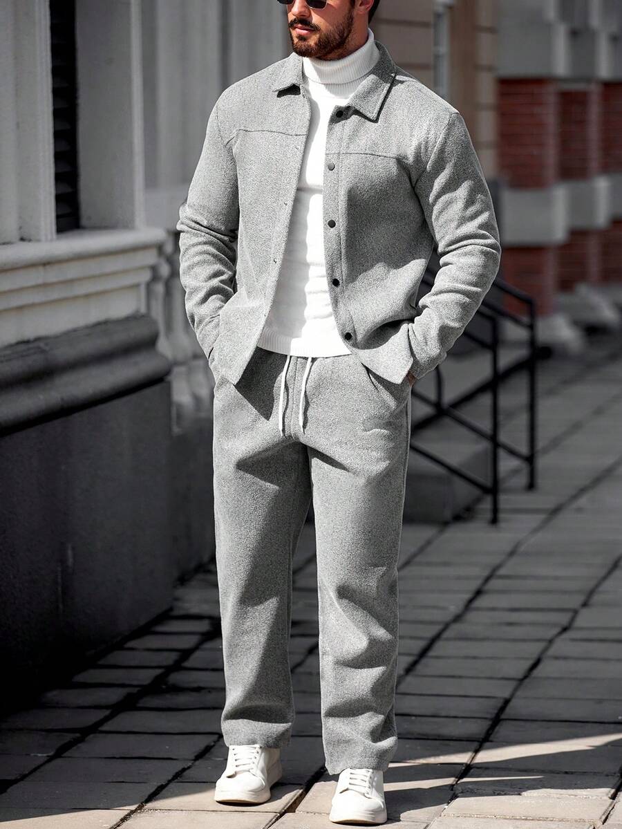 Manfinity Homme 浅灰色粗花呢男士休闲套装,长袖外套搭配带口袋的长裤,灰色休闲西装两件套,冬季休闲套装 - 淺灰色 - 查看 1