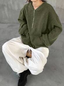 FRIFUL Áo thun nữ dệt kim tổ ong cỡ lớn có khóa kéo nửa màu trơn trang trí khóa kéo kim loại - xanh quân đội - Xem 4