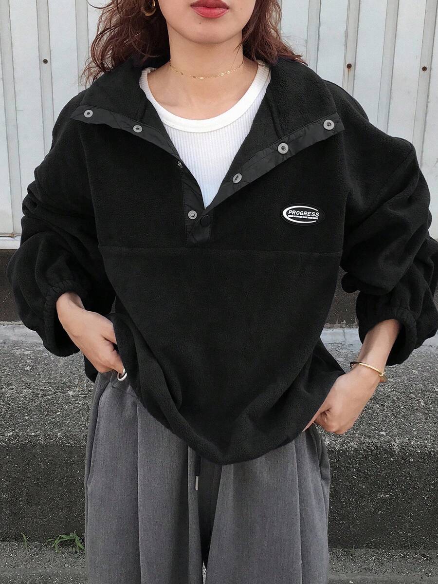 FRIFUL 女士宽松高领卫衣，正面印有品牌标志，加厚保暖内衬，秋季款 - 黑色 - 查看 1