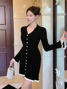 DAZY Vestido de punto con botones y ribete de bloques de color para mujer, otoño/invierno - Negro - Ver 3