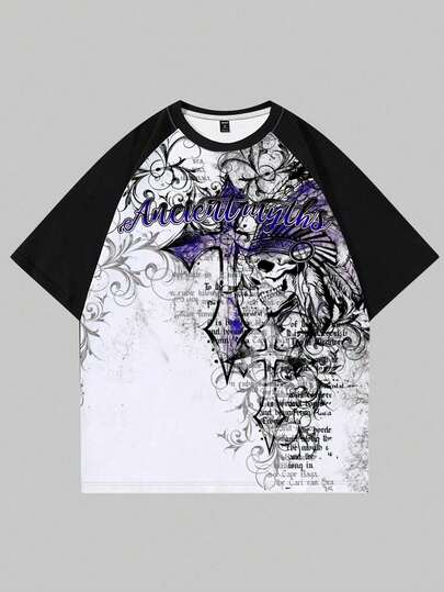 Goth Men's Letter & Cross Print Contrast Color Round Neck Raglan Short Sleeve T-Shirt