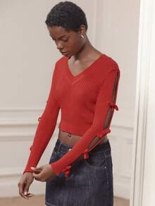 lacRébo Red Knit V-Neck Top With Open Sleeve Knots Girls' Night Out Valentines Day New Year Party Cute Red Top Going Out - Red - View 6