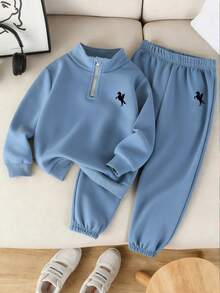 2pcs Young BoyCasual Minimalist Half-Zip Stand Collar Sweatshirt & Elongated Sweatpants Set, Daily Outfit - Dusty Blue - View 3
