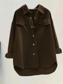 EMERY ROSE Plus Size Women's Drop Shoulder Long Sleeve Striped Single-Breasted Corduroy Casual Shirt - Mocha Brown - View 1