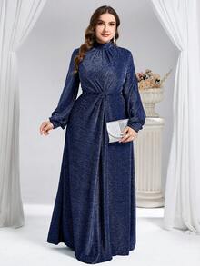 Coutiva Abendkleid für Mollige Frauen mit Stehkragen, Laternärmeln, Raffungen und Glitzer (stark verziert) - marineblau - Übersicht 1