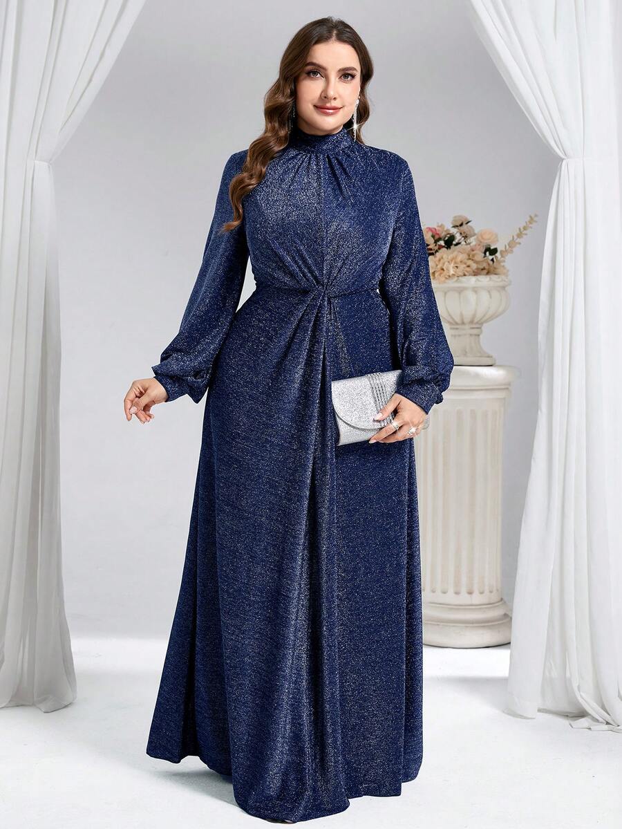 Coutiva Abendkleid für Mollige Frauen mit Stehkragen, Laternärmeln, Raffungen und Glitzer (stark verziert) - marineblau - Übersicht 1