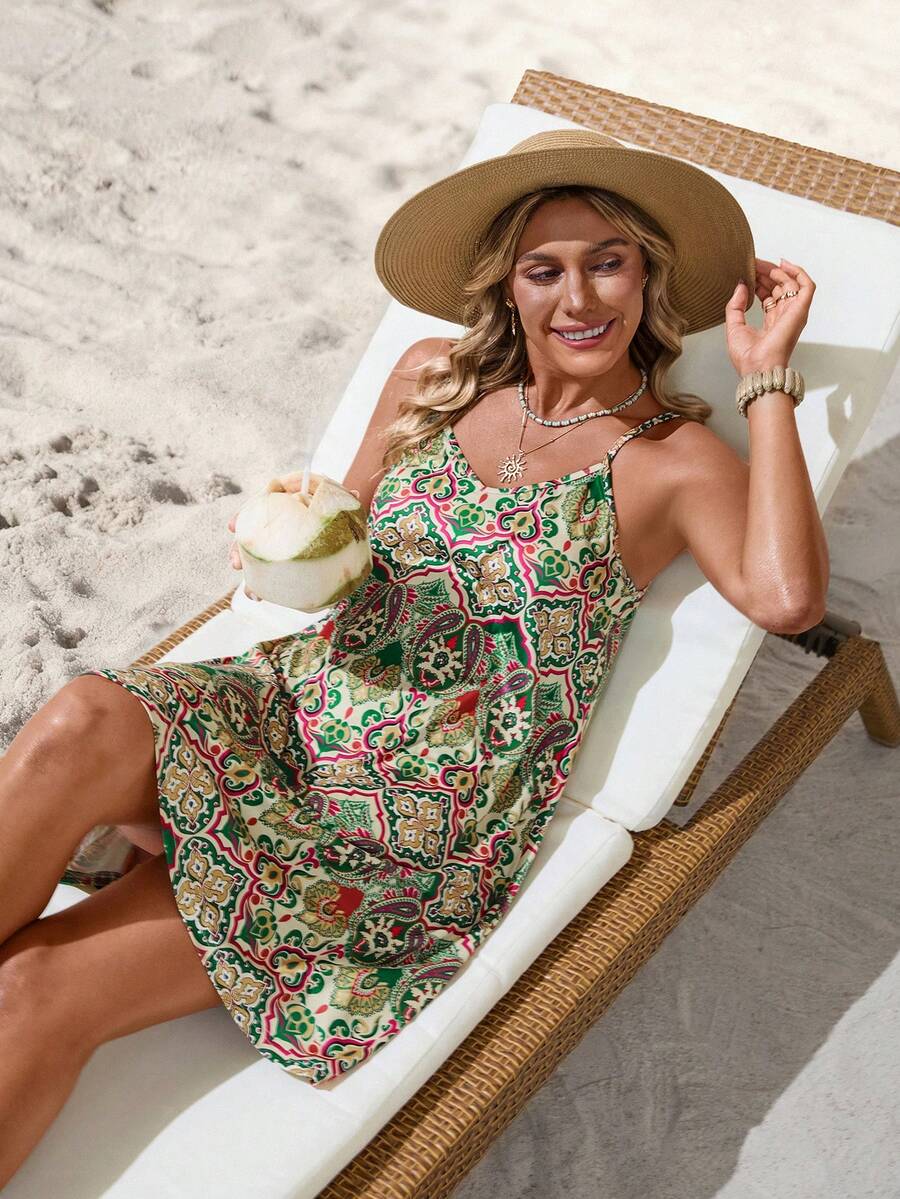 Sylviya Váy mini Bohemian họa tiết hoa cổ điển đan dây mảnh cho nữ, phù hợp cho mùa hè - Nhiều màu - Xem 1